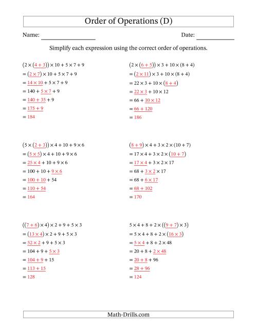 The Order of Operations with Whole Numbers Multiplication and Addition Only (Six Steps) (D) Math Worksheet Page 2