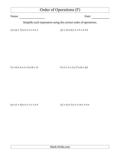 The Order of Operations with Whole Numbers Multiplication and Addition Only (Six Steps) (F) Math Worksheet