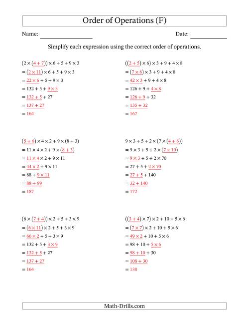 The Order of Operations with Whole Numbers Multiplication and Addition Only (Six Steps) (F) Math Worksheet Page 2