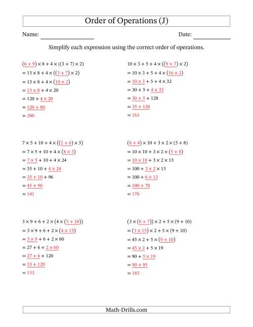 The Order of Operations with Whole Numbers Multiplication and Addition Only (Six Steps) (J) Math Worksheet Page 2
