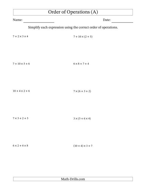 The Order of Operations with Whole Numbers Multiplication and Addition Only (Three Steps) (A) Math Worksheet