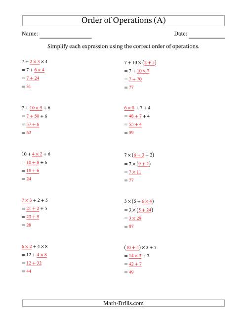 The Order of Operations with Whole Numbers Multiplication and Addition Only (Three Steps) (A) Math Worksheet Page 2