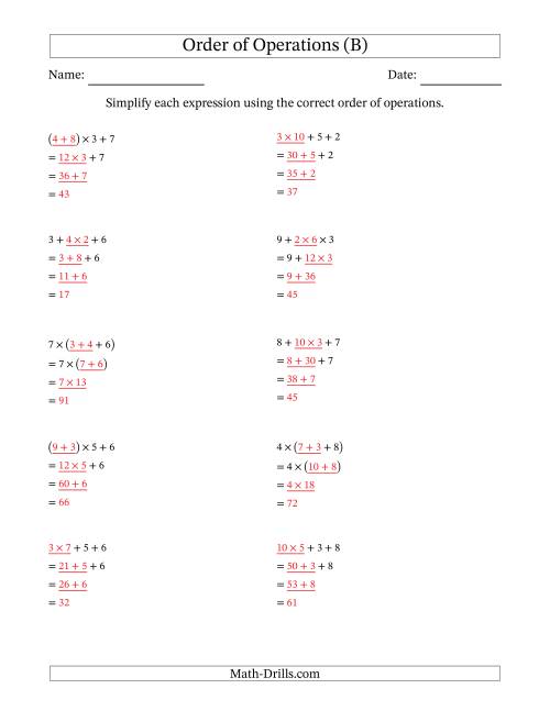 The Order of Operations with Whole Numbers Multiplication and Addition Only (Three Steps) (B) Math Worksheet Page 2