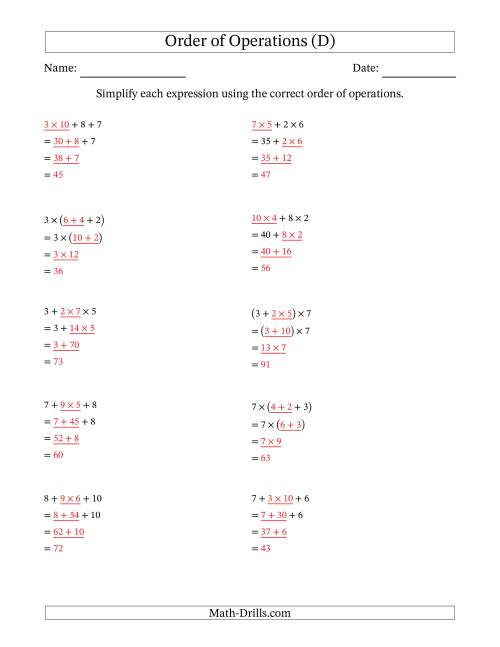The Order of Operations with Whole Numbers Multiplication and Addition Only (Three Steps) (D) Math Worksheet Page 2