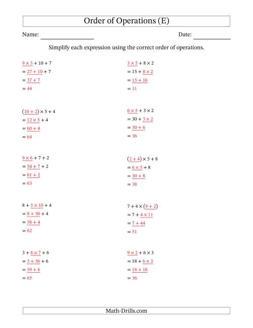 The Order of Operations with Whole Numbers Multiplication and Addition Only (Three Steps) (E) Math Worksheet Page 2