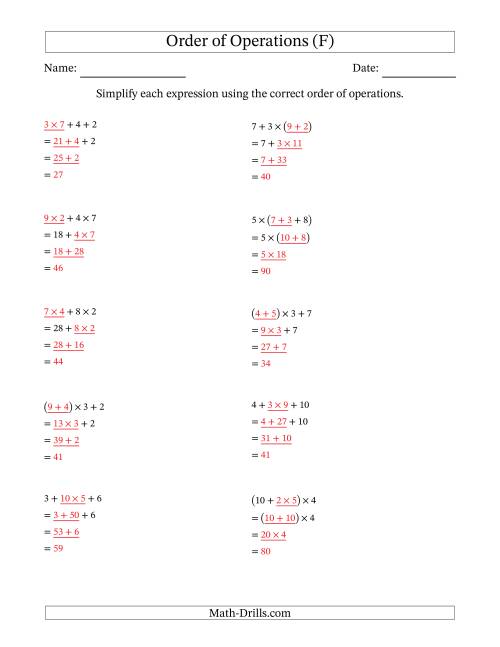 The Order of Operations with Whole Numbers Multiplication and Addition Only (Three Steps) (F) Math Worksheet Page 2
