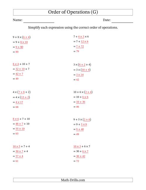 The Order of Operations with Whole Numbers Multiplication and Addition Only (Three Steps) (G) Math Worksheet Page 2