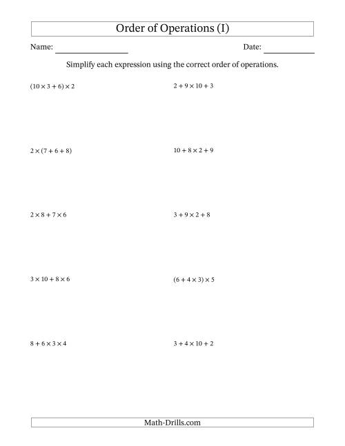 The Order of Operations with Whole Numbers Multiplication and Addition Only (Three Steps) (I) Math Worksheet