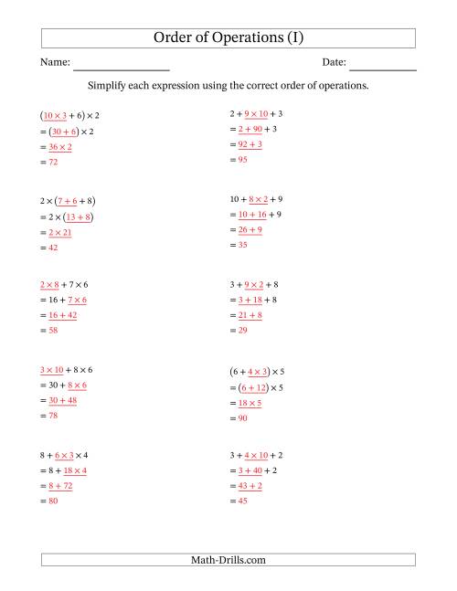 The Order of Operations with Whole Numbers Multiplication and Addition Only (Three Steps) (I) Math Worksheet Page 2
