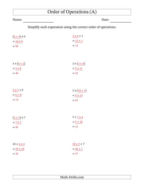 The Order of Operations with Whole Numbers Multiplication and Addition Only (Two Steps) (A) Math Worksheet Page 2