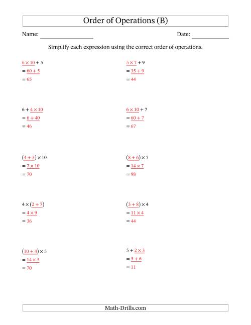 The Order of Operations with Whole Numbers Multiplication and Addition Only (Two Steps) (B) Math Worksheet Page 2