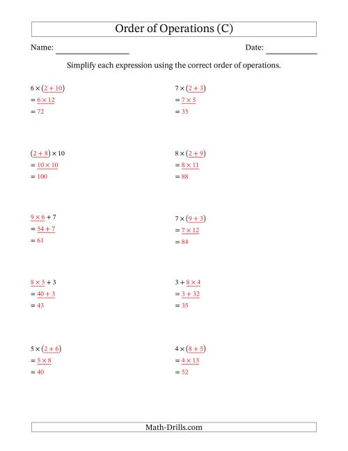 The Order of Operations with Whole Numbers Multiplication and Addition Only (Two Steps) (C) Math Worksheet Page 2