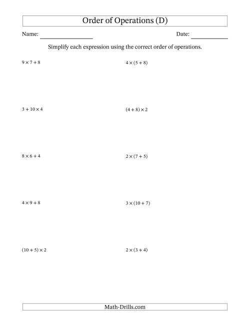 The Order of Operations with Whole Numbers Multiplication and Addition Only (Two Steps) (D) Math Worksheet