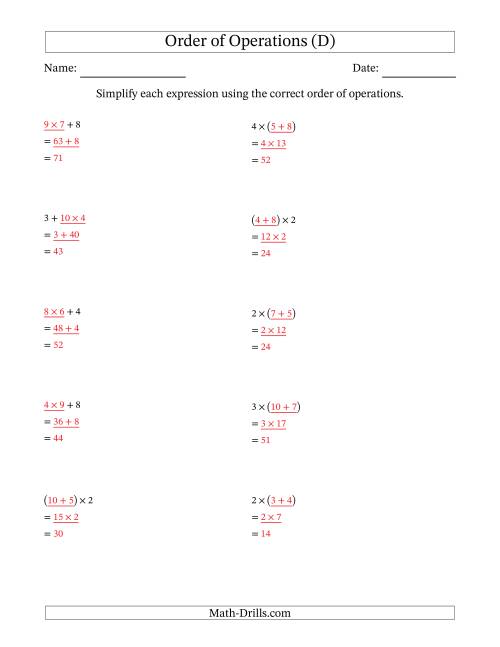 The Order of Operations with Whole Numbers Multiplication and Addition Only (Two Steps) (D) Math Worksheet Page 2