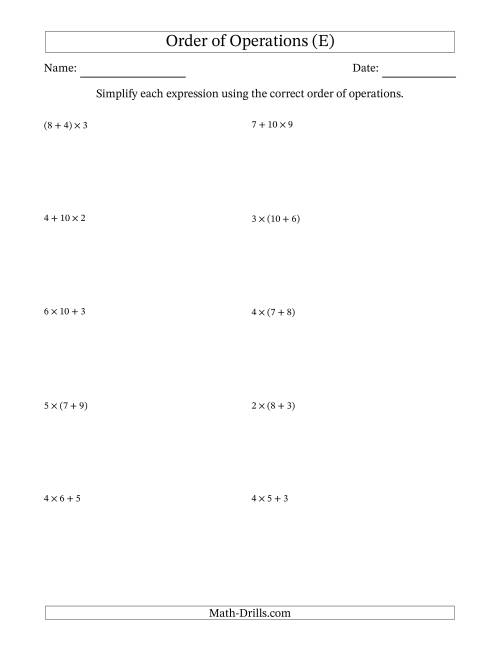 The Order of Operations with Whole Numbers Multiplication and Addition Only (Two Steps) (E) Math Worksheet