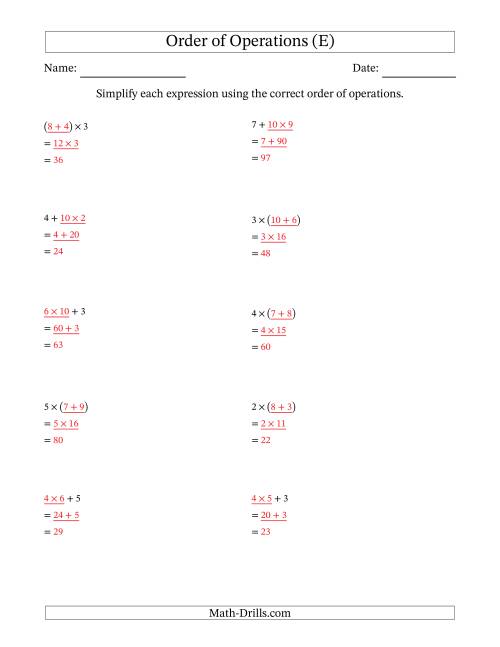The Order of Operations with Whole Numbers Multiplication and Addition Only (Two Steps) (E) Math Worksheet Page 2
