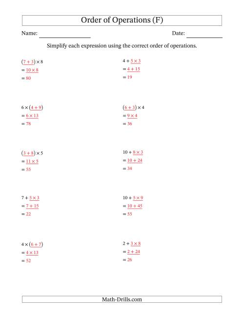 The Order of Operations with Whole Numbers Multiplication and Addition Only (Two Steps) (F) Math Worksheet Page 2
