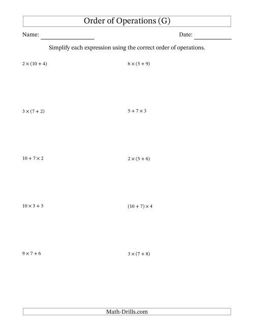 The Order of Operations with Whole Numbers Multiplication and Addition Only (Two Steps) (G) Math Worksheet