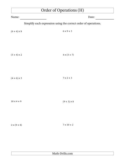The Order of Operations with Whole Numbers Multiplication and Addition Only (Two Steps) (H) Math Worksheet