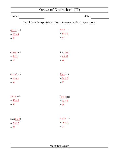 The Order of Operations with Whole Numbers Multiplication and Addition Only (Two Steps) (H) Math Worksheet Page 2