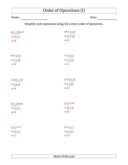 The Order of Operations with Whole Numbers Multiplication and Addition Only (Two Steps) (I) Math Worksheet Page 2