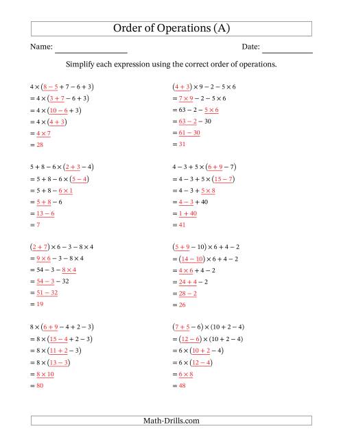 The Order of Operations with Whole Numbers Multiplication, Addition and Subtraction Only (Five Steps) (A) Math Worksheet Page 2