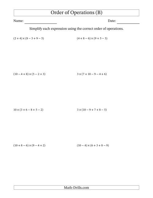 The Order of Operations with Whole Numbers Multiplication, Addition and Subtraction Only (Five Steps) (B) Math Worksheet