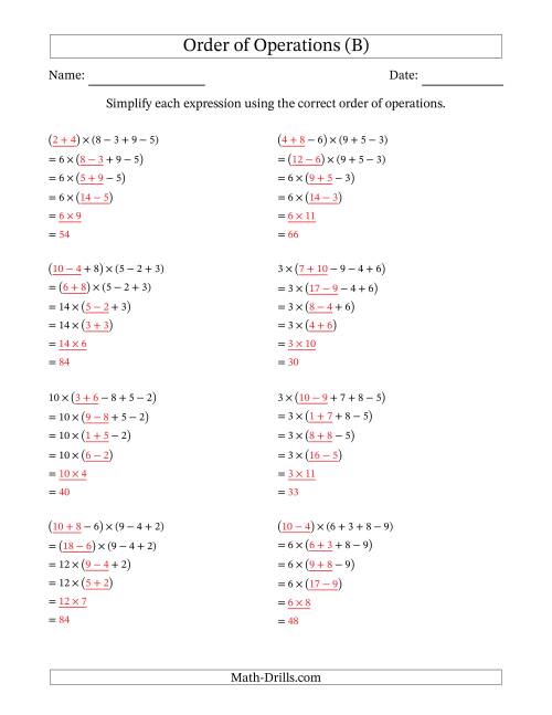 The Order of Operations with Whole Numbers Multiplication, Addition and Subtraction Only (Five Steps) (B) Math Worksheet Page 2