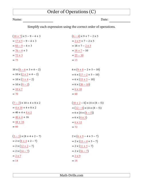 The Order of Operations with Whole Numbers Multiplication, Addition and Subtraction Only (Five Steps) (C) Math Worksheet Page 2