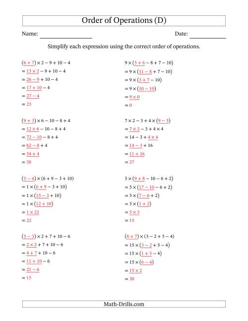 The Order of Operations with Whole Numbers Multiplication, Addition and Subtraction Only (Five Steps) (D) Math Worksheet Page 2
