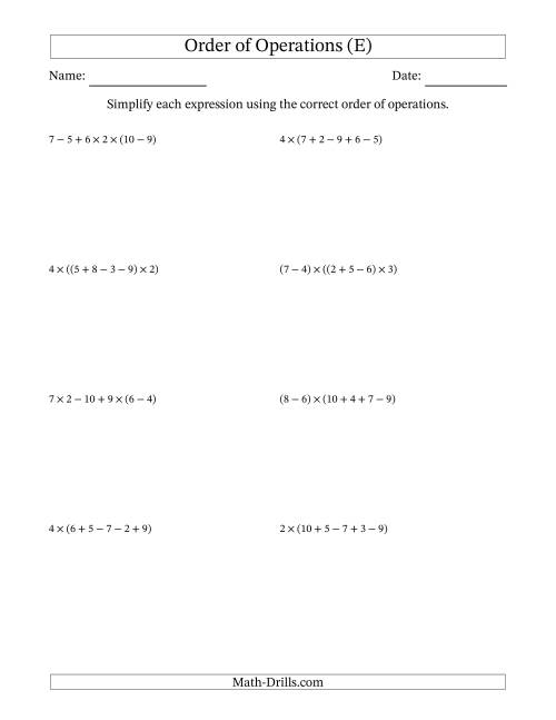 The Order of Operations with Whole Numbers Multiplication, Addition and Subtraction Only (Five Steps) (E) Math Worksheet