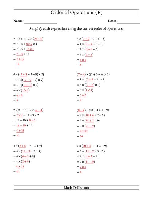 The Order of Operations with Whole Numbers Multiplication, Addition and Subtraction Only (Five Steps) (E) Math Worksheet Page 2