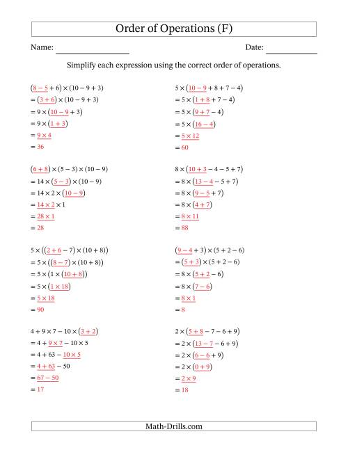 The Order of Operations with Whole Numbers Multiplication, Addition and Subtraction Only (Five Steps) (F) Math Worksheet Page 2