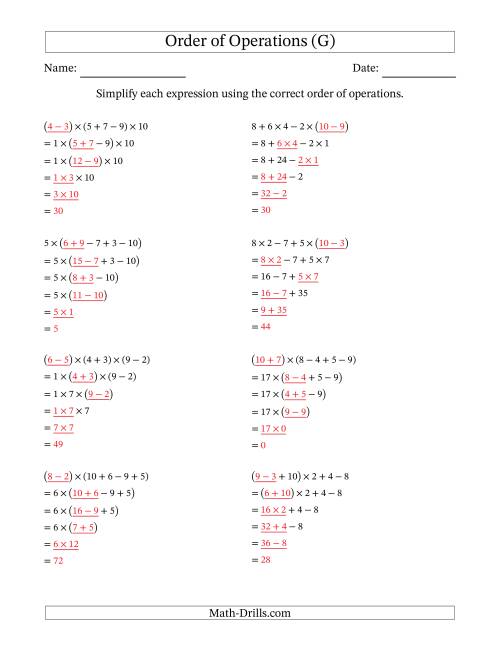 The Order of Operations with Whole Numbers Multiplication, Addition and Subtraction Only (Five Steps) (G) Math Worksheet Page 2