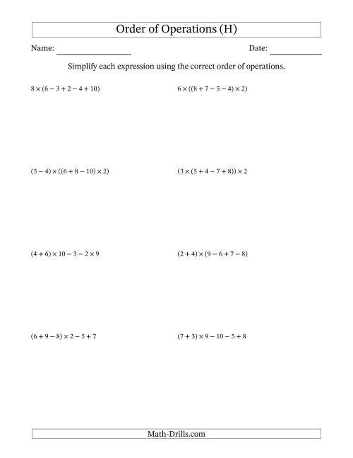 The Order of Operations with Whole Numbers Multiplication, Addition and Subtraction Only (Five Steps) (H) Math Worksheet