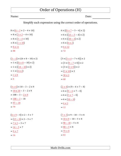 The Order of Operations with Whole Numbers Multiplication, Addition and Subtraction Only (Five Steps) (H) Math Worksheet Page 2