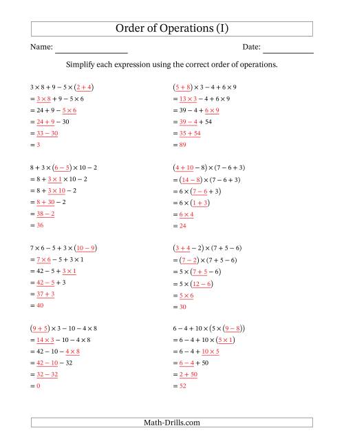 The Order of Operations with Whole Numbers Multiplication, Addition and Subtraction Only (Five Steps) (I) Math Worksheet Page 2