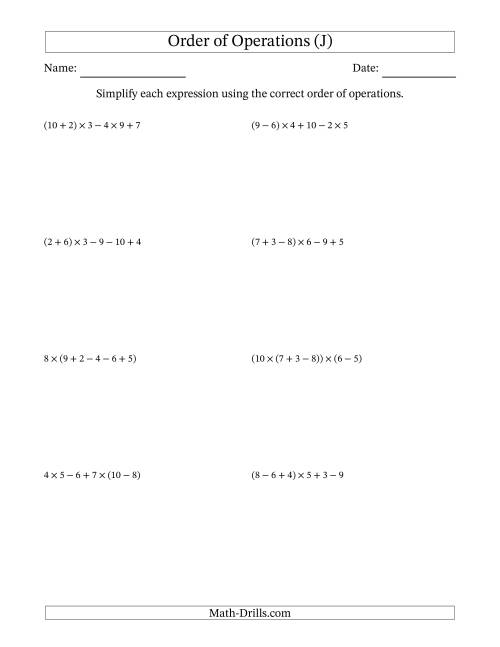 The Order of Operations with Whole Numbers Multiplication, Addition and Subtraction Only (Five Steps) (J) Math Worksheet