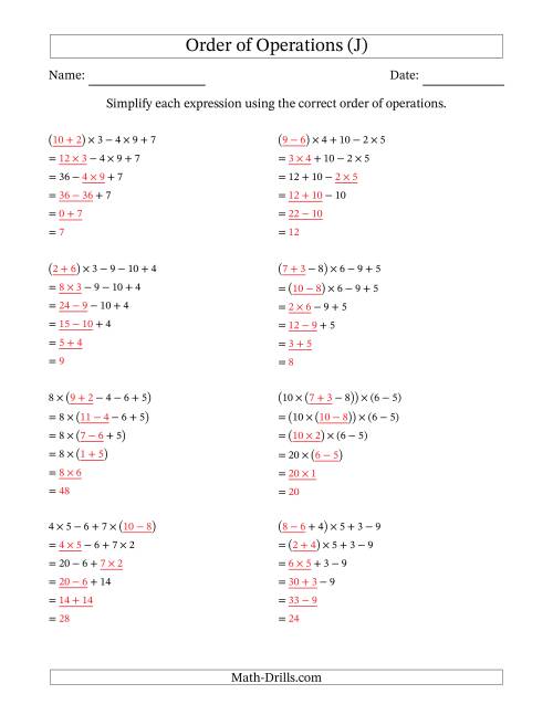 The Order of Operations with Whole Numbers Multiplication, Addition and Subtraction Only (Five Steps) (J) Math Worksheet Page 2
