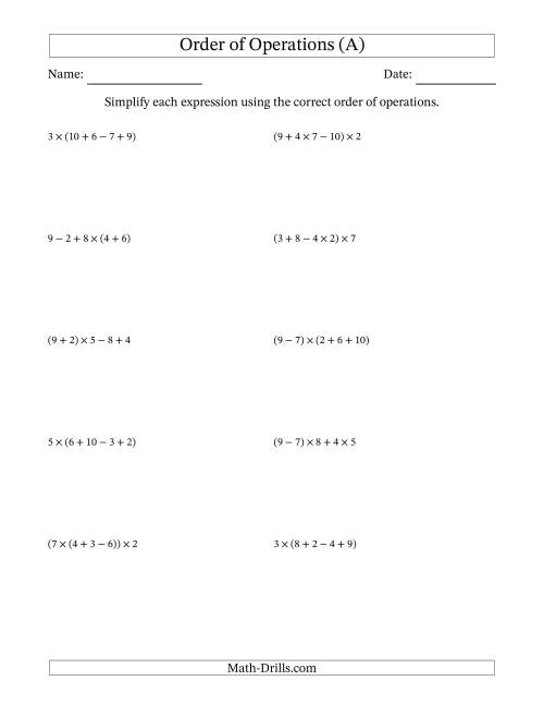 The Order of Operations with Whole Numbers Multiplication, Addition and Subtraction Only (Four Steps) (A) Math Worksheet