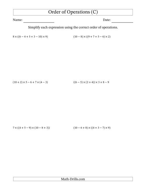 The Order of Operations with Whole Numbers Multiplication, Addition and Subtraction Only (Six Steps) (C) Math Worksheet