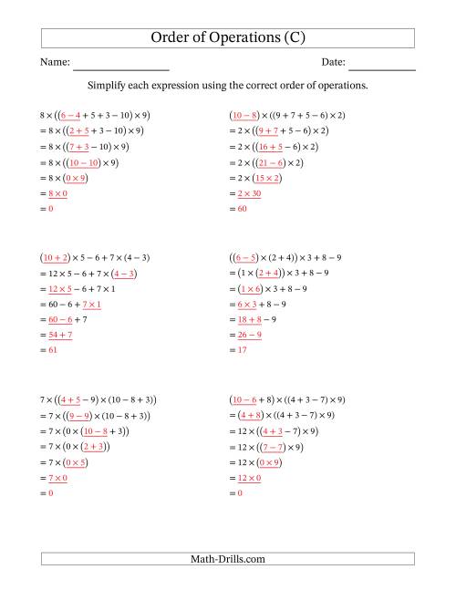 The Order of Operations with Whole Numbers Multiplication, Addition and Subtraction Only (Six Steps) (C) Math Worksheet Page 2