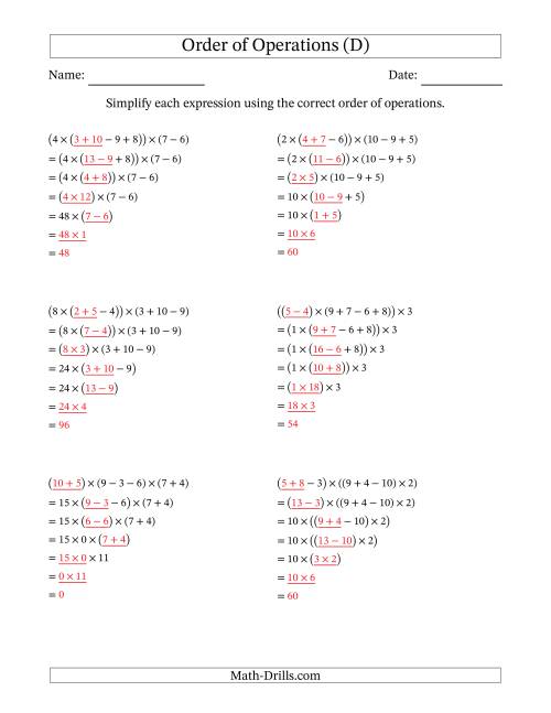 The Order of Operations with Whole Numbers Multiplication, Addition and Subtraction Only (Six Steps) (D) Math Worksheet Page 2