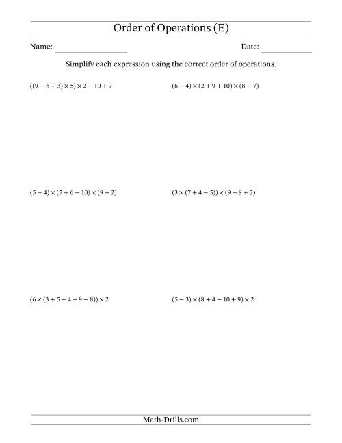 The Order of Operations with Whole Numbers Multiplication, Addition and Subtraction Only (Six Steps) (E) Math Worksheet