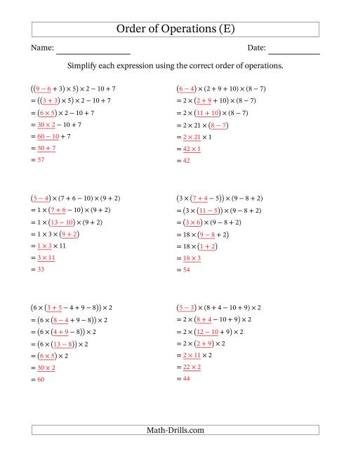 The Order of Operations with Whole Numbers Multiplication, Addition and Subtraction Only (Six Steps) (E) Math Worksheet Page 2