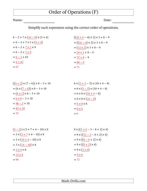 The Order of Operations with Whole Numbers Multiplication, Addition and Subtraction Only (Six Steps) (F) Math Worksheet Page 2