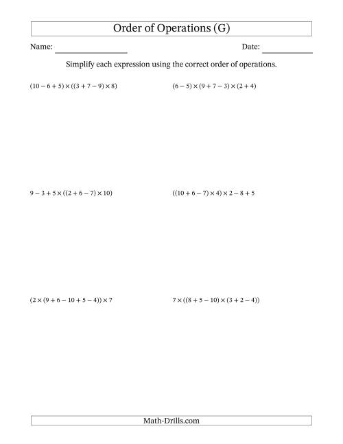The Order of Operations with Whole Numbers Multiplication, Addition and Subtraction Only (Six Steps) (G) Math Worksheet
