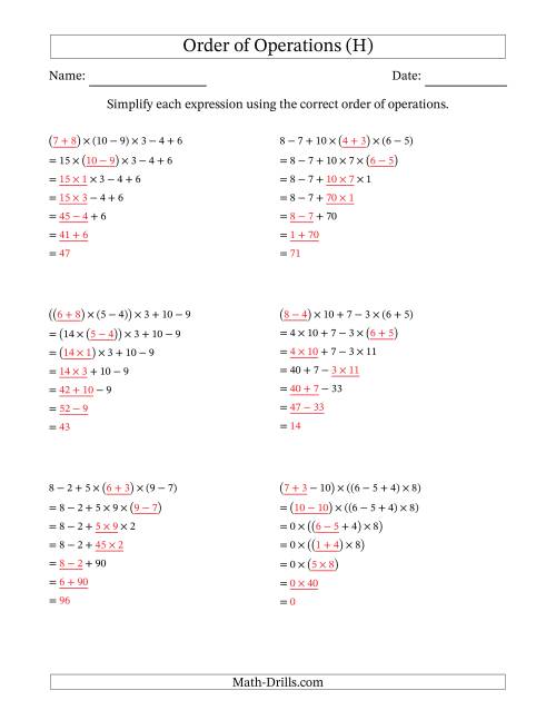The Order of Operations with Whole Numbers Multiplication, Addition and Subtraction Only (Six Steps) (H) Math Worksheet Page 2
