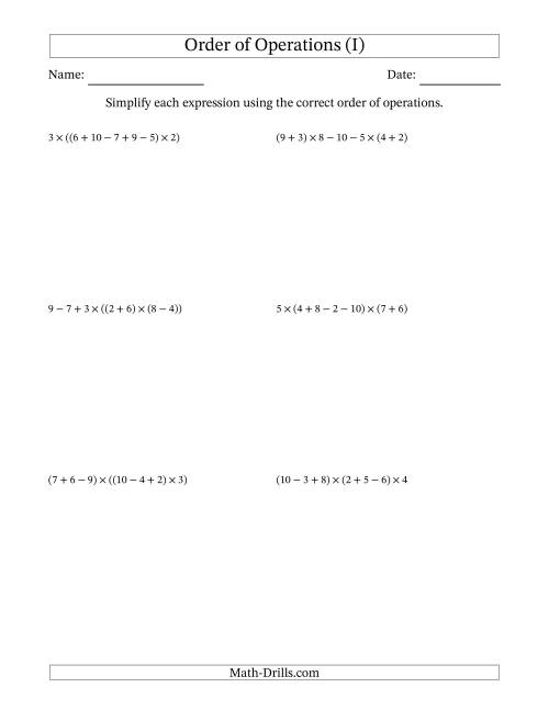 The Order of Operations with Whole Numbers Multiplication, Addition and Subtraction Only (Six Steps) (I) Math Worksheet