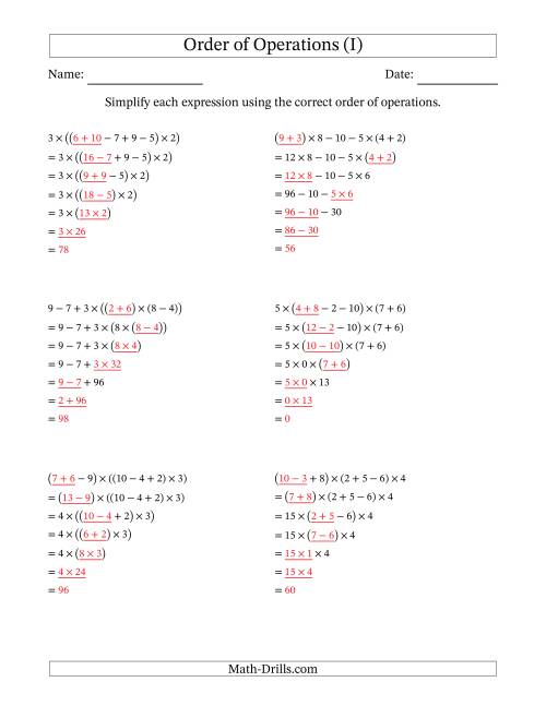 The Order of Operations with Whole Numbers Multiplication, Addition and Subtraction Only (Six Steps) (I) Math Worksheet Page 2